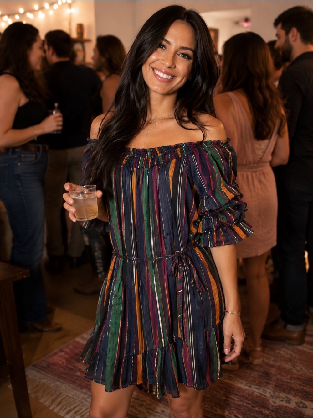 Striped Off-Shoulder Ruffle Dress - Multicolor